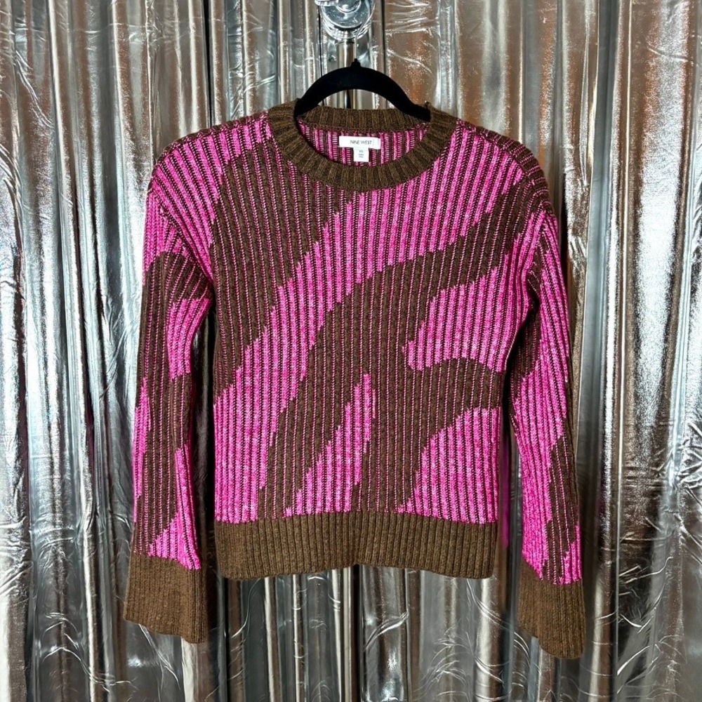 Nine West Pink & Brown Abstract Ribbed Knit Sweater